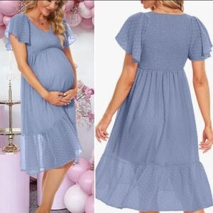 Swiss Dot Smocked Tiered V Neck Maternity Dress